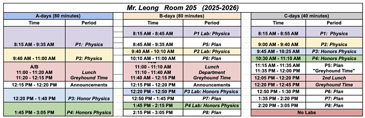 Mr. Leong's 2025-2026 Schedule